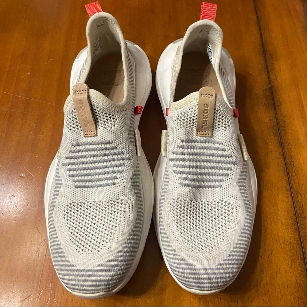 Sorel Women’s Cream Knit Slip-On Sneakers with Coral Pull Tabs